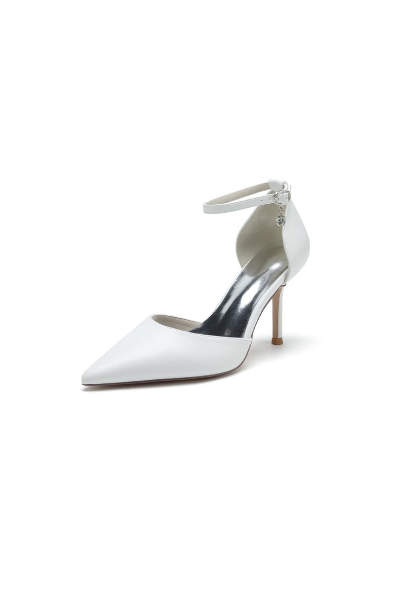 Pointed Toe Sexy Ankle Strap White Satin Wedding Shoes - KissProm