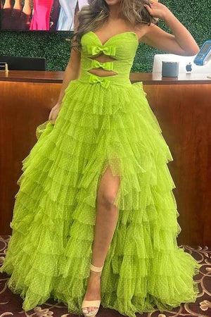 Polka Dot Strapless Ruffle Tiered Prom Gown with Keyholes – Prom Dress by KissProm | Available at KissProm