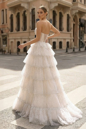 Polka Dot Strapless Ruffle Tiered Prom Gown with Keyholes – Prom Dress by KissProm | Available at KissProm