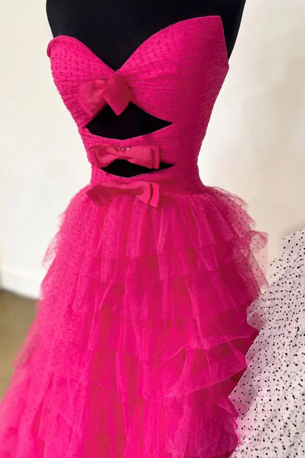 Polka Dot Strapless Ruffle Tiered Prom Gown with Keyholes – Prom Dress by KissProm | Available at KissProm