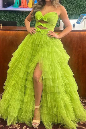 Polka Dot Strapless Ruffle Tiered Prom Gown with Keyholes – Prom Dress by KissProm | Available at KissProm