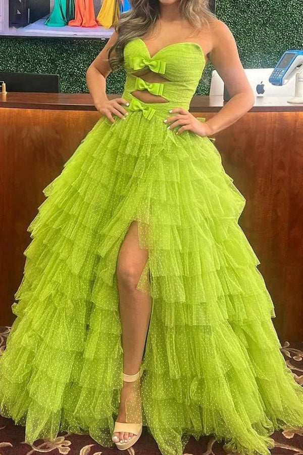 Polka Dot Strapless Ruffle Tiered Prom Gown with Keyholes – Prom Dress by KissProm | Available at KissProm