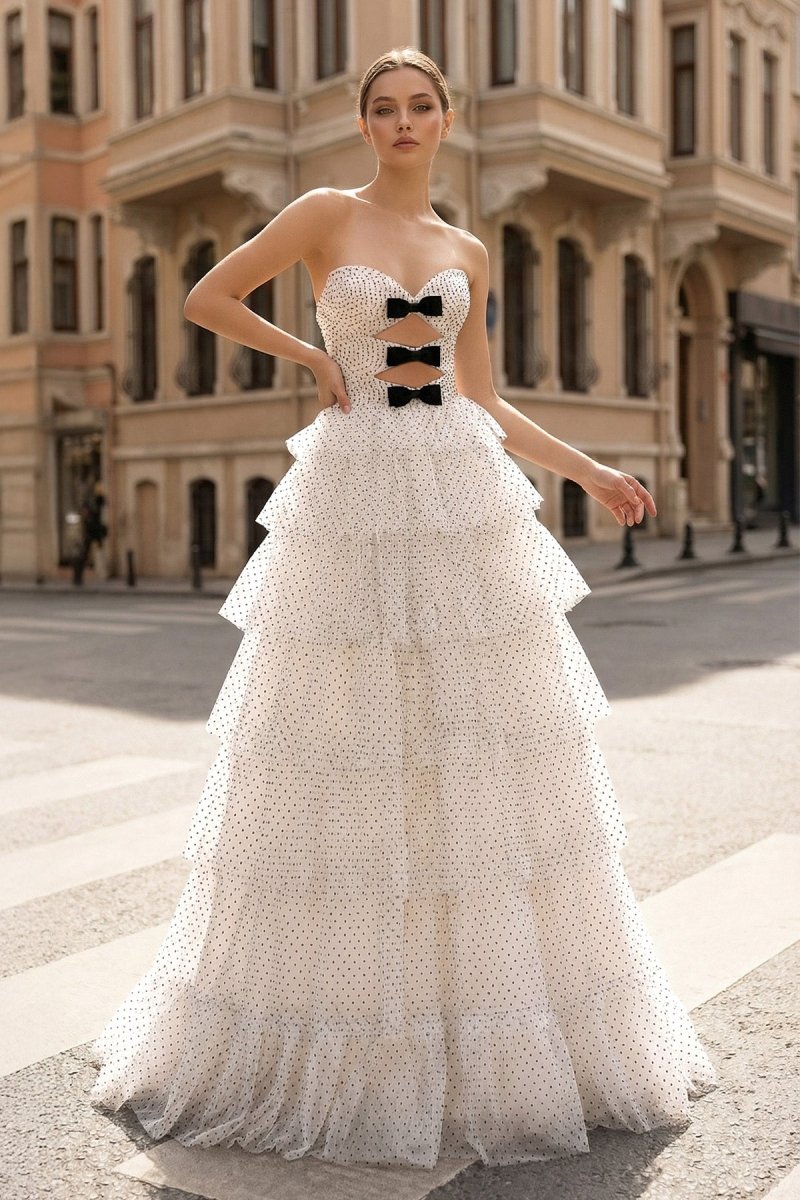 Polka Dot Strapless Ruffle Tiered Prom Gown with Keyholes – Prom Dress by KissProm | Available at KissProm