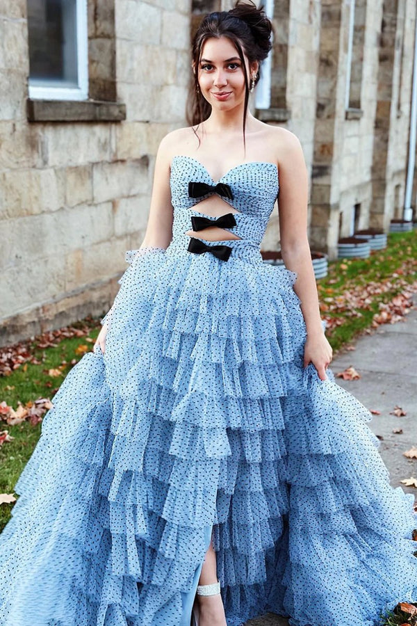 Polka Dot Strapless Ruffle Tiered Prom Gown with Keyholes – Prom Dress by KissProm | Available at KissProm