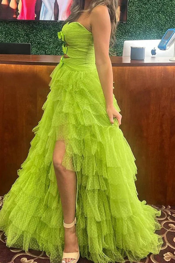 Polka Dot Strapless Ruffle Tiered Prom Gown with Keyholes – Prom Dress by KissProm | Available at KissProm