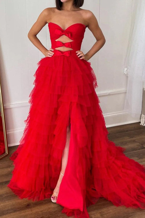 Polka Dot Strapless Ruffle Tiered Prom Gown with Keyholes – Prom Dress by KissProm | Available at KissProm