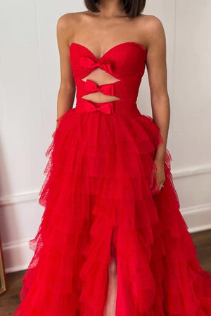 Polka Dot Strapless Ruffle Tiered Prom Gown with Keyholes – Prom Dress by KissProm | Available at KissProm