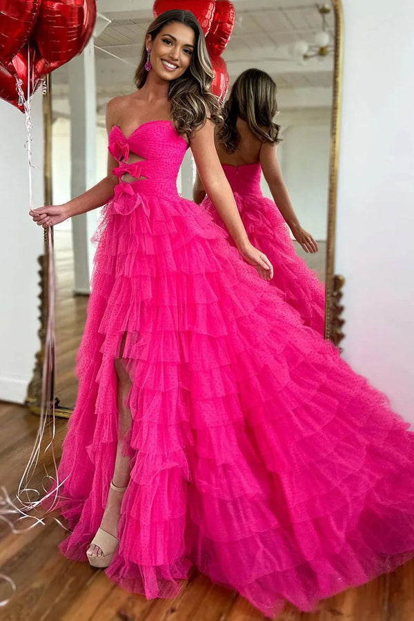 Polka Dot Strapless Ruffle Tiered Prom Gown with Keyholes – Prom Dress by KissProm | Available at KissProm