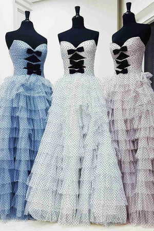 Polka Dot Strapless Ruffle Tiered Prom Gown with Keyholes – Prom Dress by KissProm | Available at KissProm