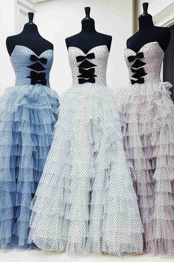 Polka Dot Strapless Ruffle Tiered Prom Gown with Keyholes – Prom Dress by KissProm | Available at KissProm