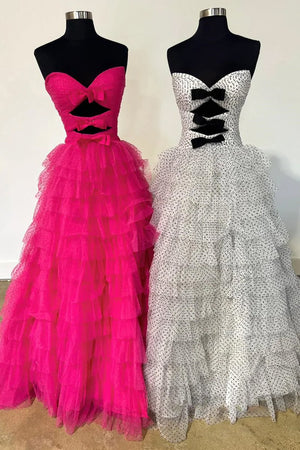 Polka Dot Strapless Ruffle Tiered Prom Gown with Keyholes – Prom Dress by KissProm | Available at KissProm
