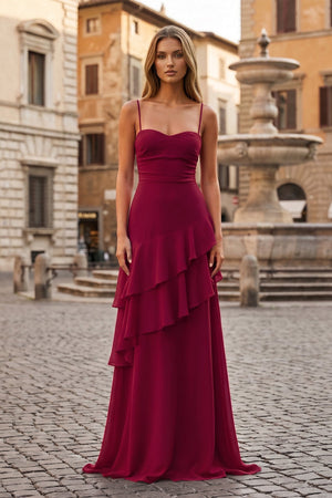 Red Sheath Spaghetti Straps Chiffon Long Prom Dresses with Ruffles – Prom Dresses by KissProm | Available at KissProm