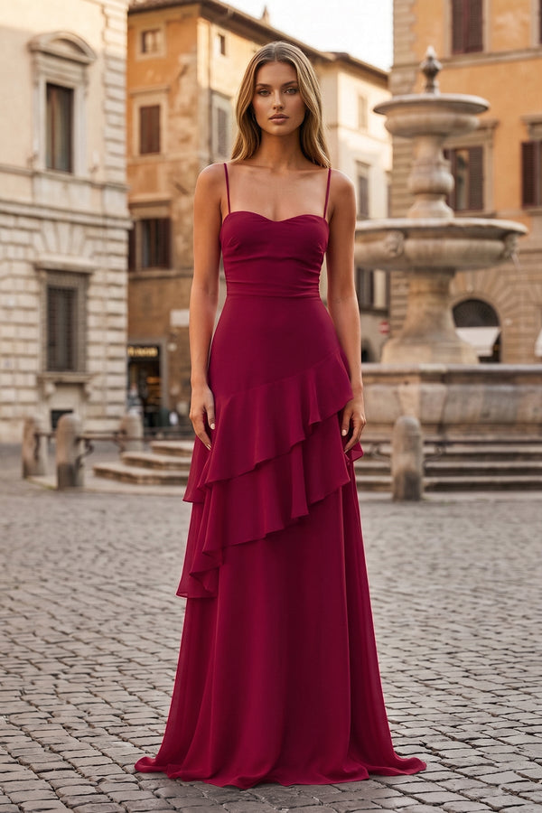 Red Sheath Spaghetti Straps Chiffon Long Prom Dresses with Ruffles – Prom Dresses by KissProm | Available at KissProm
