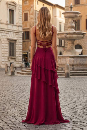 Red Sheath Spaghetti Straps Chiffon Long Prom Dresses with Ruffles – Prom Dresses by KissProm | Available at KissProm