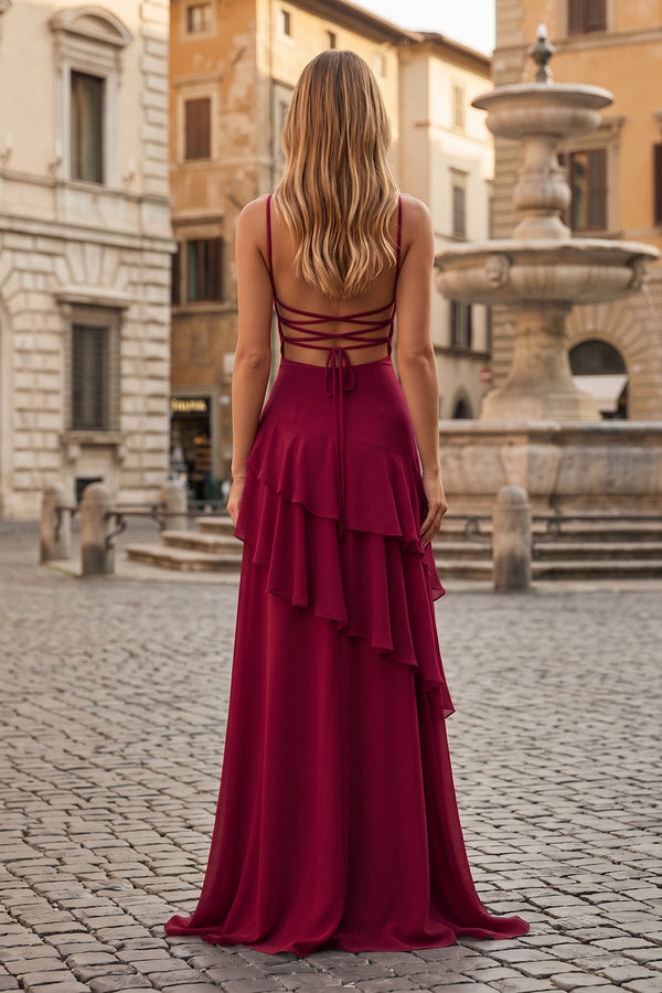 Red Sheath Spaghetti Straps Chiffon Long Prom Dresses with Ruffles – Prom Dresses by KissProm | Available at KissProm