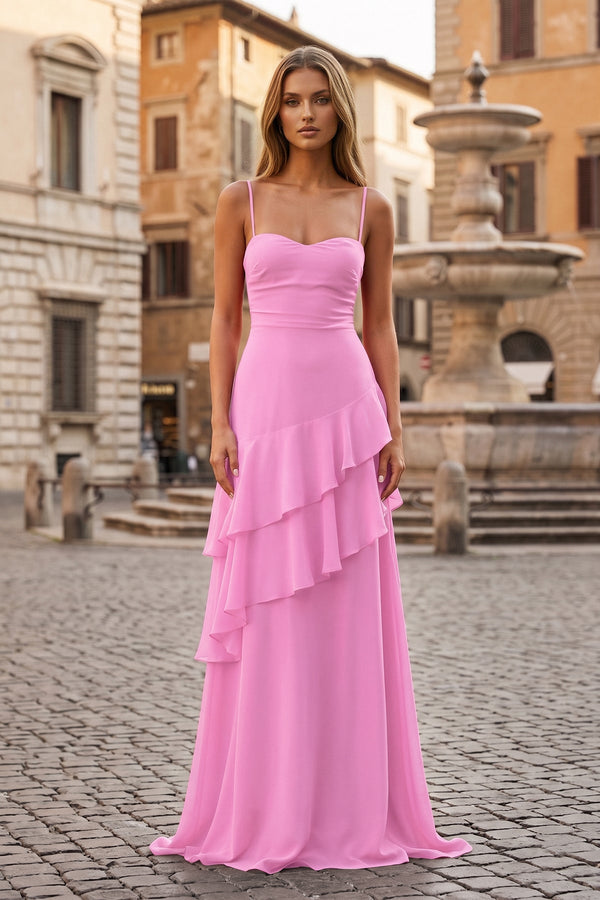 Red Sheath Spaghetti Straps Chiffon Long Prom Dresses with Ruffles – Prom Dresses by KissProm | Available at KissProm