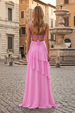 Red Sheath Spaghetti Straps Chiffon Long Prom Dresses with Ruffles – Prom Dresses by KissProm | Available at KissProm
