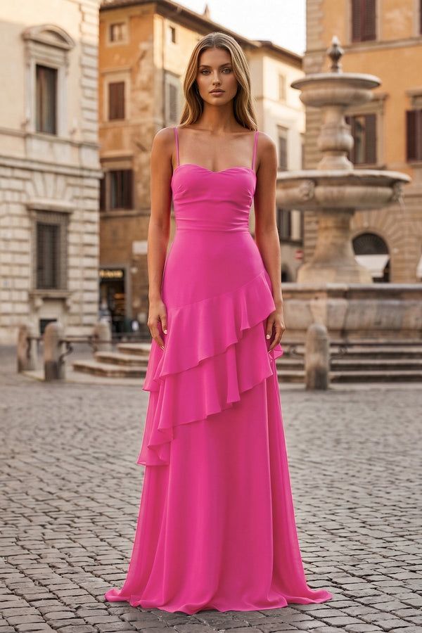 Red Sheath Spaghetti Straps Chiffon Long Prom Dresses with Ruffles – Prom Dresses by KissProm | Available at KissProm