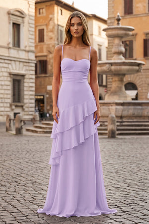 Red Sheath Spaghetti Straps Chiffon Long Prom Dresses with Ruffles – Prom Dresses by KissProm | Available at KissProm
