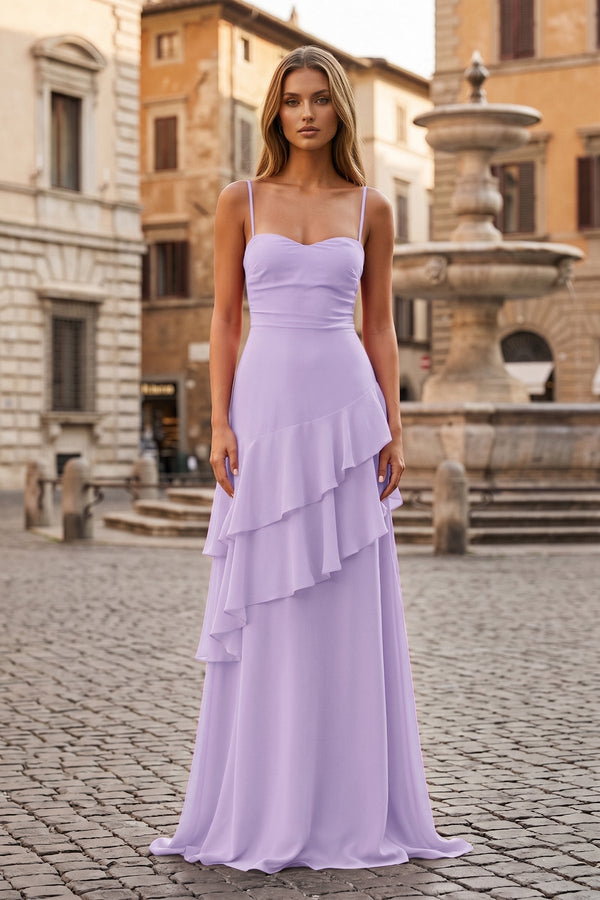 Red Sheath Spaghetti Straps Chiffon Long Prom Dresses with Ruffles – Prom Dresses by KissProm | Available at KissProm
