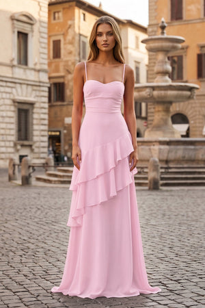Red Sheath Spaghetti Straps Chiffon Long Prom Dresses with Ruffles – Prom Dresses by KissProm | Available at KissProm