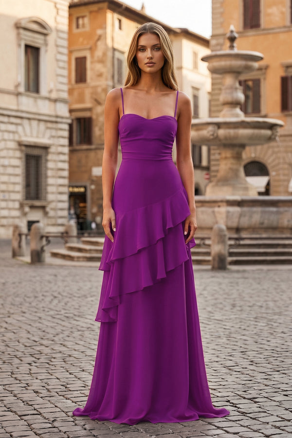 Red Sheath Spaghetti Straps Chiffon Long Prom Dresses with Ruffles – Prom Dresses by KissProm | Available at KissProm