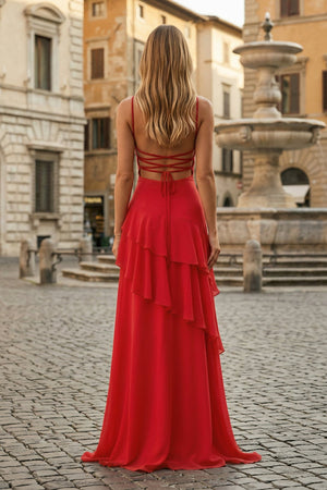 Red Sheath Spaghetti Straps Chiffon Long Prom Dresses with Ruffles – Prom Dresses by KissProm | Available at KissProm