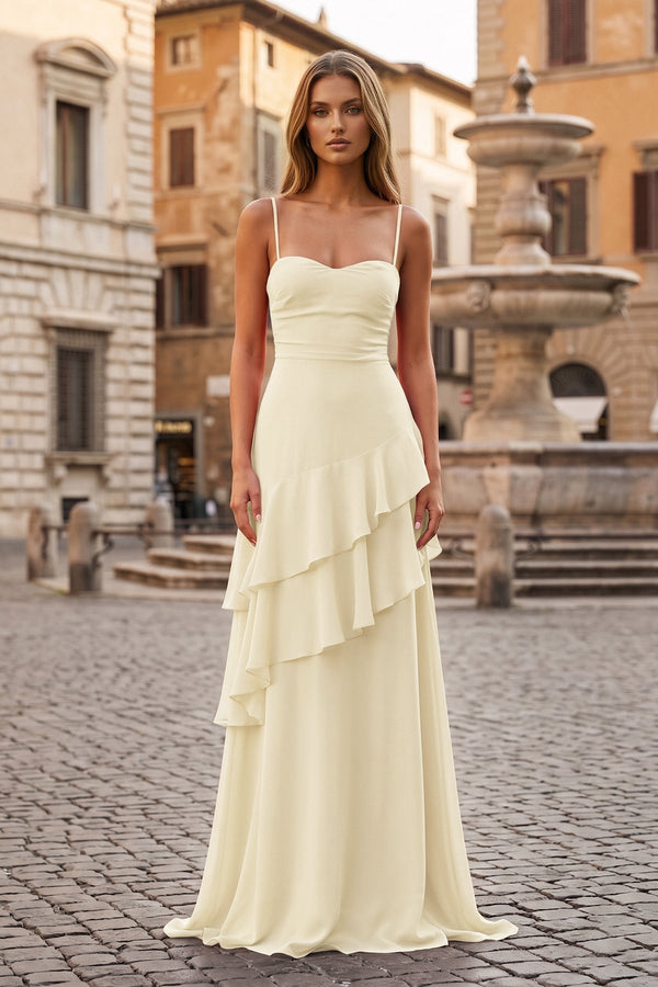 Red Sheath Spaghetti Straps Chiffon Long Prom Dresses with Ruffles – Prom Dresses by KissProm | Available at KissProm