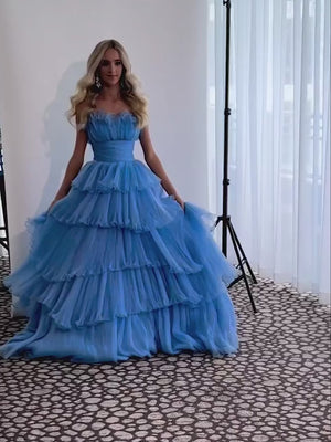 Strapless A-Line Tiered Crinkled Tulle Prom Dress