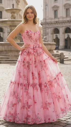 Pink Sweetheart Chiffon A Line Floral Tiered Prom Dress With Bow