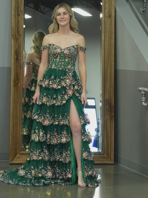 A-Line Lace Off-the-Shoulder Tiered Long Prom Dress with Slit