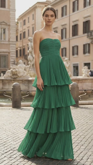 Strapless Emerald Green Ruffle Multi-Layer Long Prom Dress