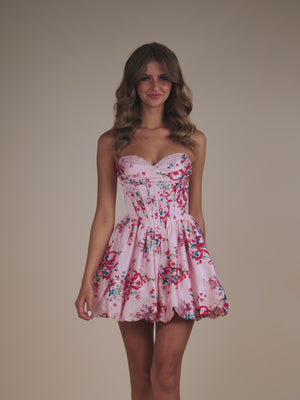 Pink - A Line Sweetheart Floral Satin Bubble Hem Homecoming Dresses with Sequins