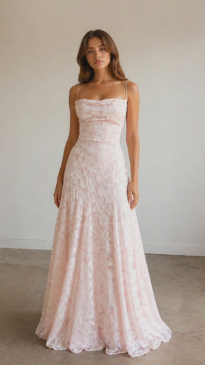 Pink A-Line Lace Floral Spaghetti Straps Long Prom Dresses