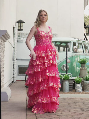 A-Line Lace Off-the-Shoulder Tiered Long Prom Dress with Slit