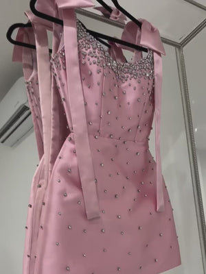 Pink Scoop Neck Satin Short Strapless Homecoming Dress With Bows