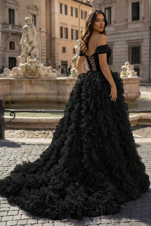 A Line Off the Shoulder Ruffled Tulle Prom Dress with Slit – Prom Dress by KissProm | Available at KissProm