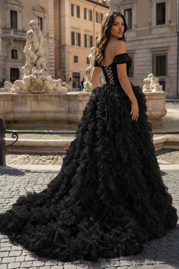 A Line Off the Shoulder Ruffled Tulle Prom Dress with Slit – Prom Dress by KissProm | Available at KissProm