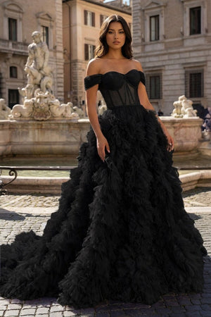 A Line Off the Shoulder Ruffled Tulle Prom Dress with Slit – Prom Dress by KissProm | Available at KissProm