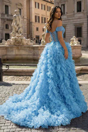 A Line Off the Shoulder Ruffled Tulle Prom Dress with Slit – Prom Dress by KissProm | Available at KissProm