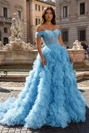 A Line Off the Shoulder Ruffled Tulle Prom Dress with Slit – Prom Dress by KissProm | Available at KissProm