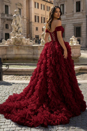 A Line Off the Shoulder Ruffled Tulle Prom Dress with Slit – Prom Dress by KissProm | Available at KissProm
