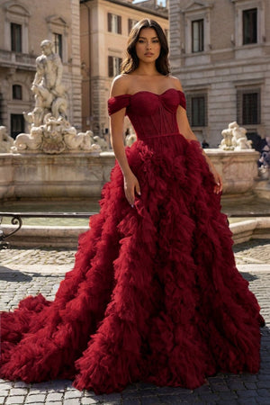 A Line Off the Shoulder Ruffled Tulle Prom Dress with Slit – Prom Dress by KissProm | Available at KissProm
