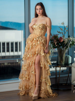 Princess A Line Off the Shoulder Corset Prom Dress with Lace Ruffles – Prom Dress by KissProm | Available at KissProm