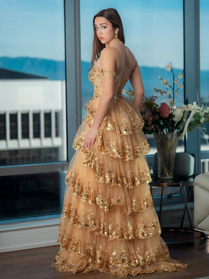 Princess A Line Off the Shoulder Corset Prom Dress with Lace Ruffles – Prom Dress by KissProm | Available at KissProm