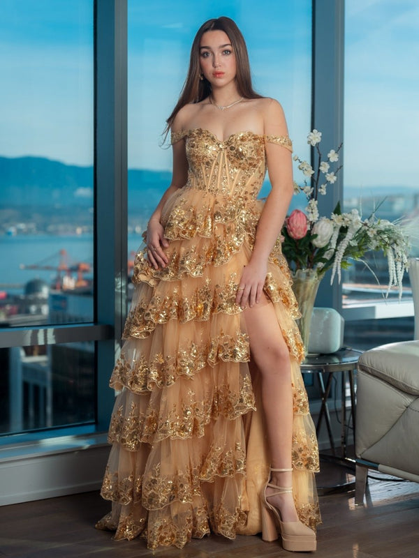 Princess A Line Off the Shoulder Corset Prom Dress with Lace Ruffles – Prom Dress by KissProm | Available at KissProm