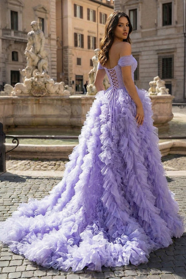 A Line Off the Shoulder Ruffled Tulle Prom Dress with Slit – Prom Dress by KissProm | Available at KissProm