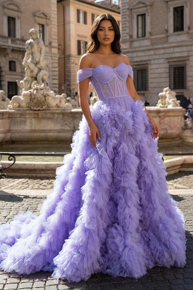 A Line Off the Shoulder Ruffled Tulle Prom Dress with Slit – Prom Dress by KissProm | Available at KissProm