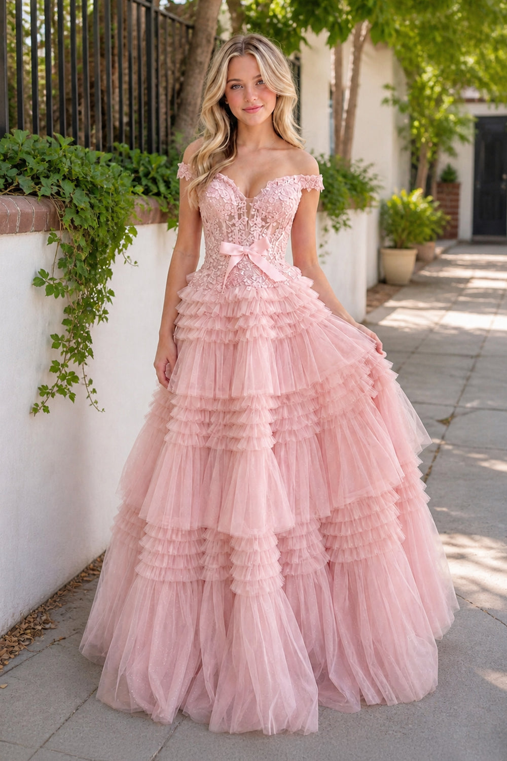 Princess A Line Off the Shoulder Light Pink Long Prom Dress with Ruffles