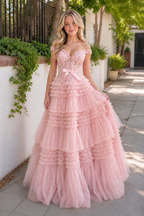 Princess A Line Off the Shoulder Light Pink Long Prom Dress with Ruffles